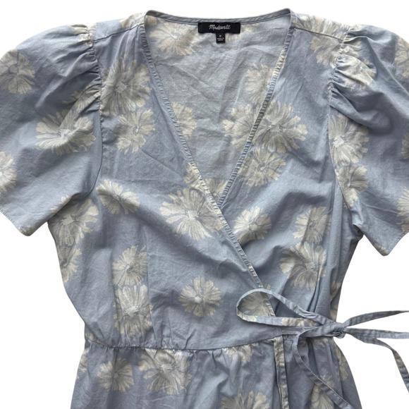 Madewell Womens Dress Medium Floral Wrap Mini Puff Sleeve Blue White Lightweight - Picture 4 of 7